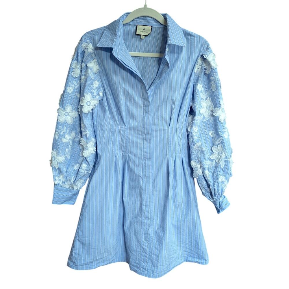 Tuckernuck Corinne Blue Stripe Floral Sleeve Mini Shirt Dress NWT Small - Picture 3 of 6